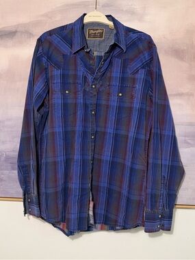 Wrangler Retro Tall Blue Plaid Long-Sleeve Button-Down Western Shirt